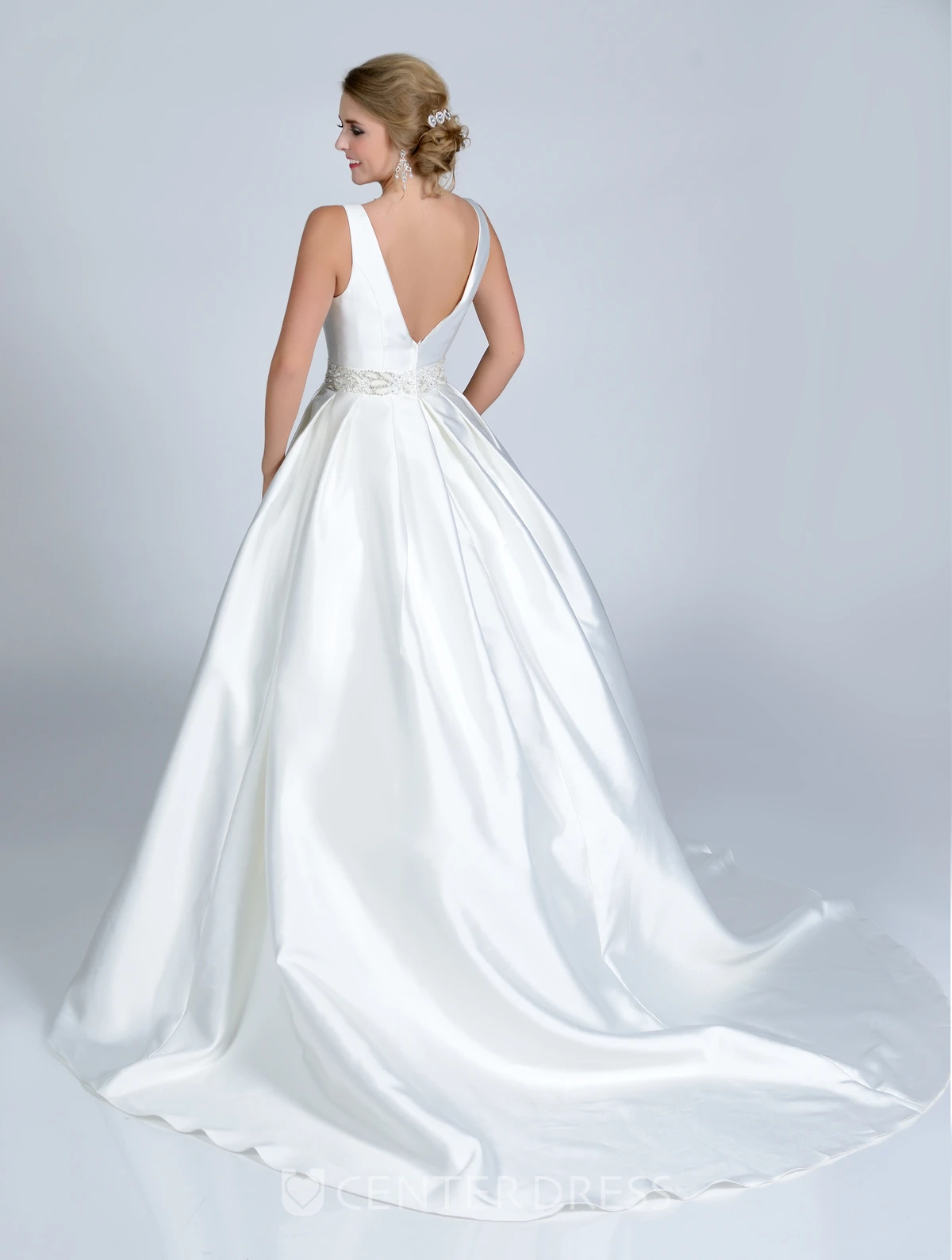 Satin Bateau Neck Sleeveless Ball Gown With Rhinestones