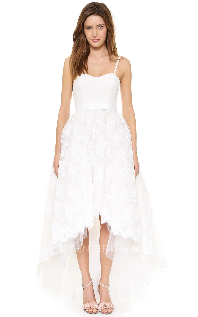 Spaghetti A-line Lace Knee-length Dress With High-low Style