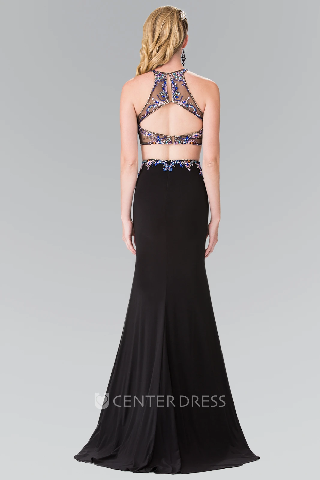 Sheath Long Jewel-Neck Sleeveless Jersey Keyhole Dress With Split Front And Beading