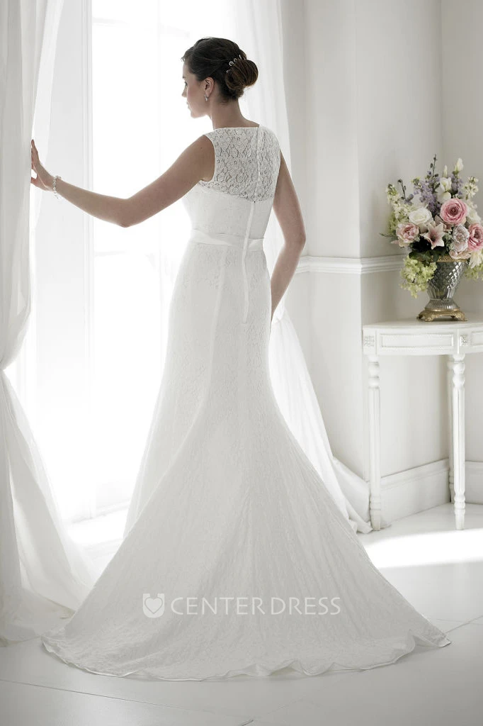 Trumpet Scoop Floor-Length Jeweled Sleeveless Lace Wedding Dress With Illusion Back And Watteau Train
