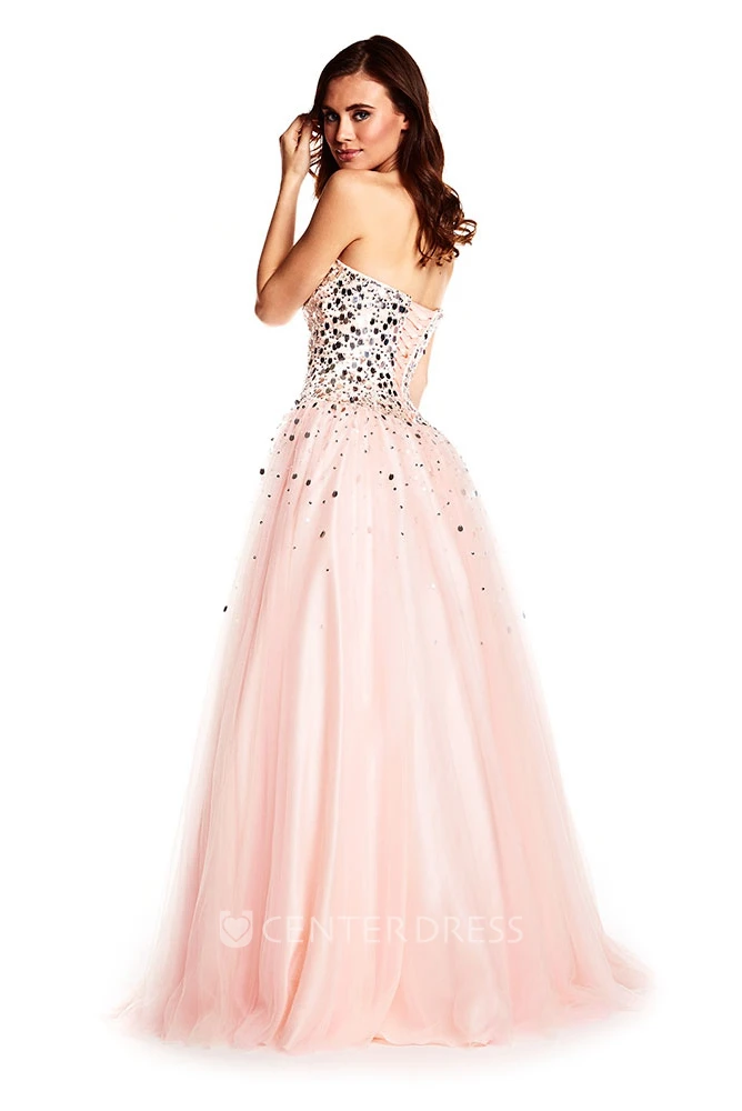 A-Line Sweetheart Long Sleeveless Sequined Tulle Prom Dress