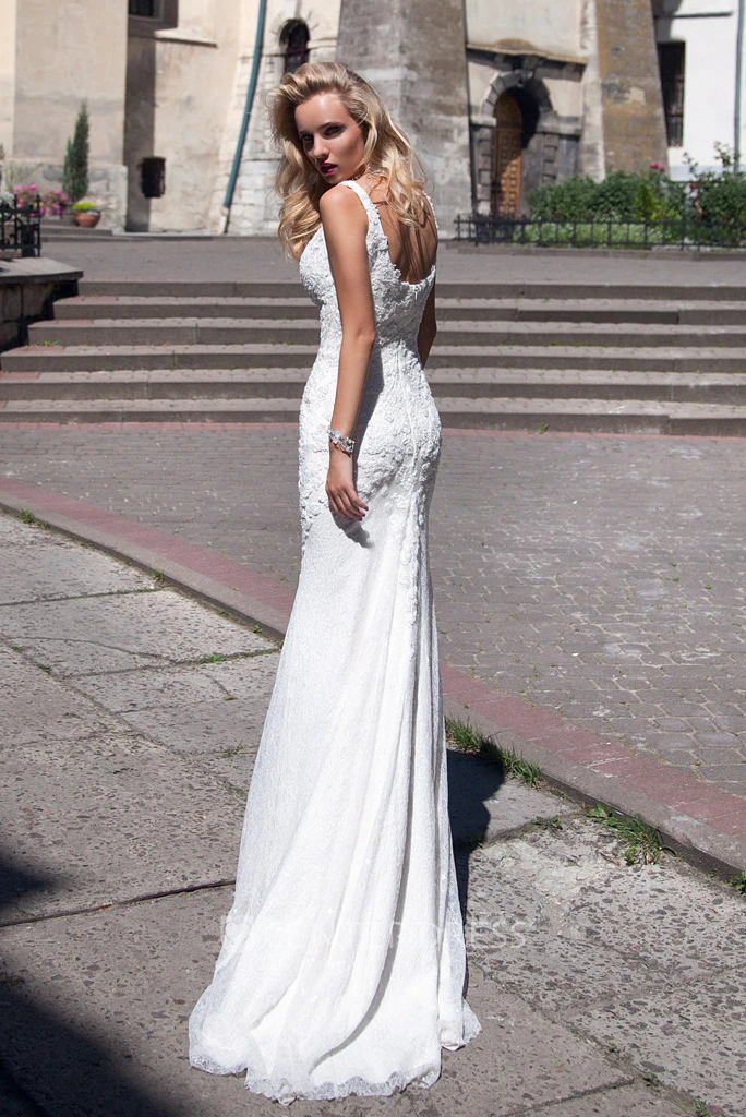 Sheath Floor-Length Appliqued Sleeveless Lace Spring Wedding Dress With Low-V Back And Pleats