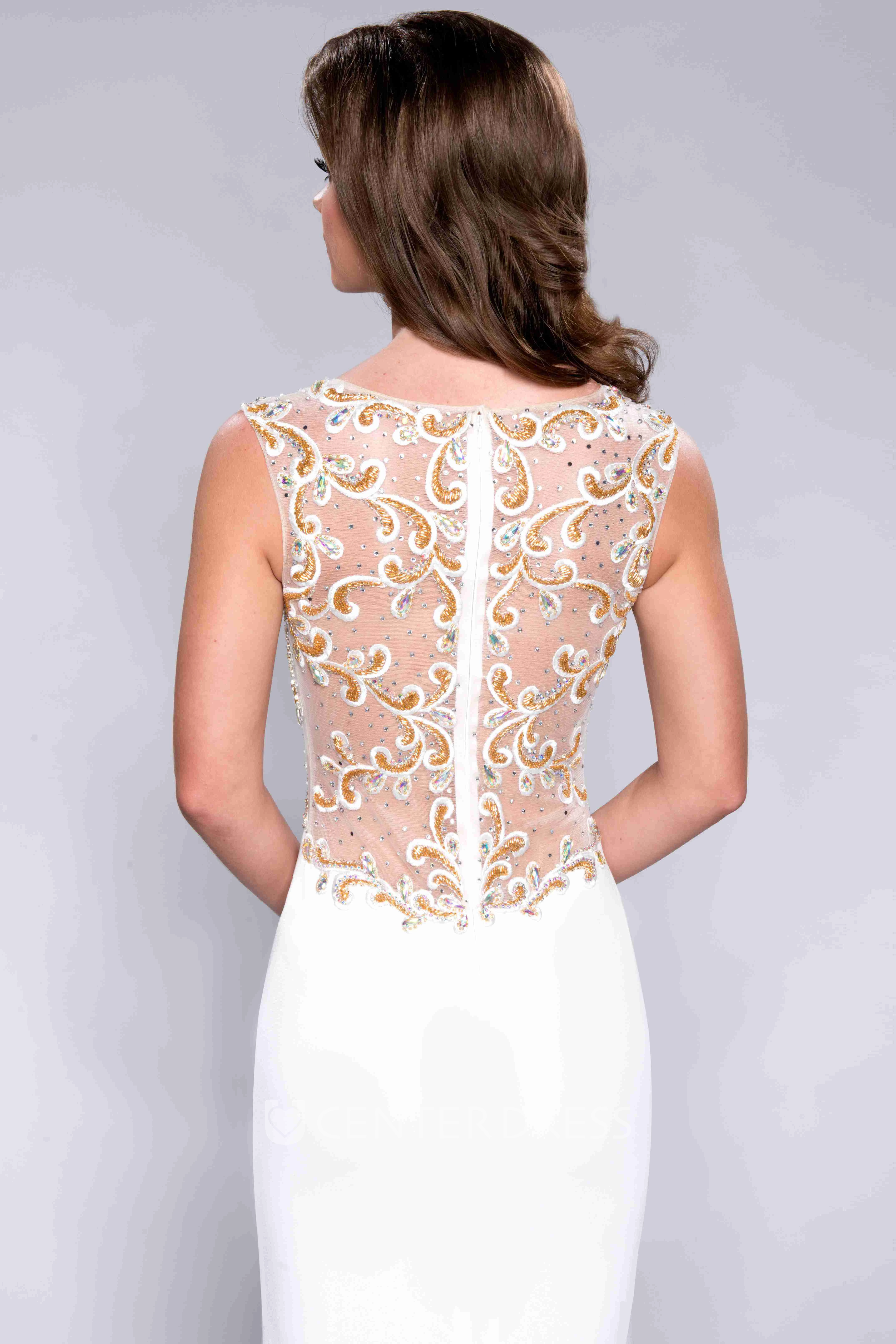 Sleeveless Bateau Neck Jersey Sheath Prom Dress With Jeweled Illusion Back