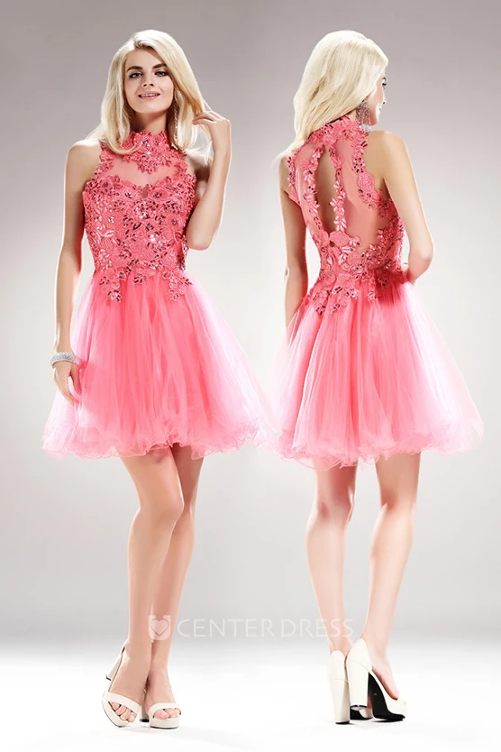 A-Line Mini High Neck Sleeveless Tulle Illusion Dress With Appliques And Sequins