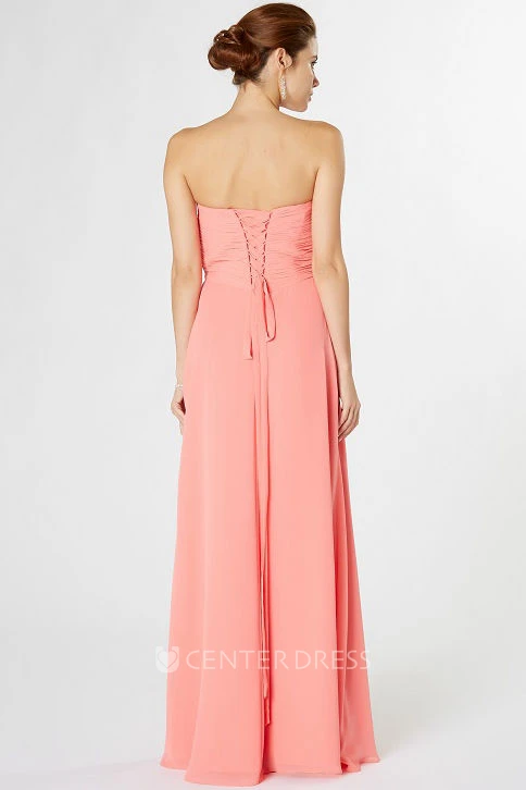 Strapless Maxi Ruched Chiffon Bridesmaid Dress With Waist Jewellery And Corset Back
