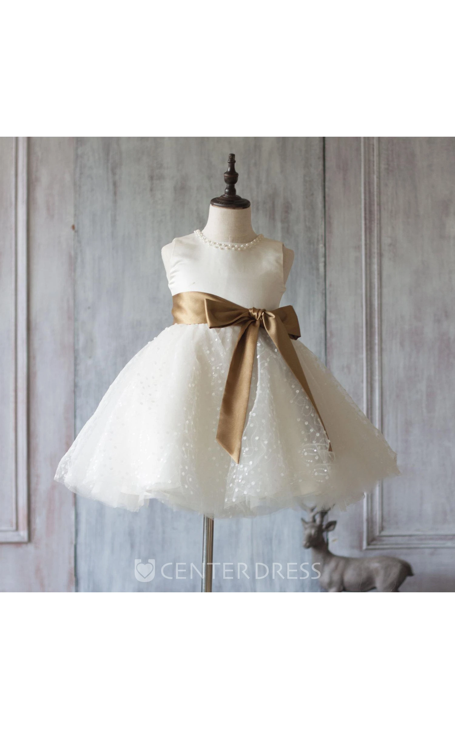 Off White Beading Neck a Line Dot Knee Length Tulle Junior Bridesmaid Dress