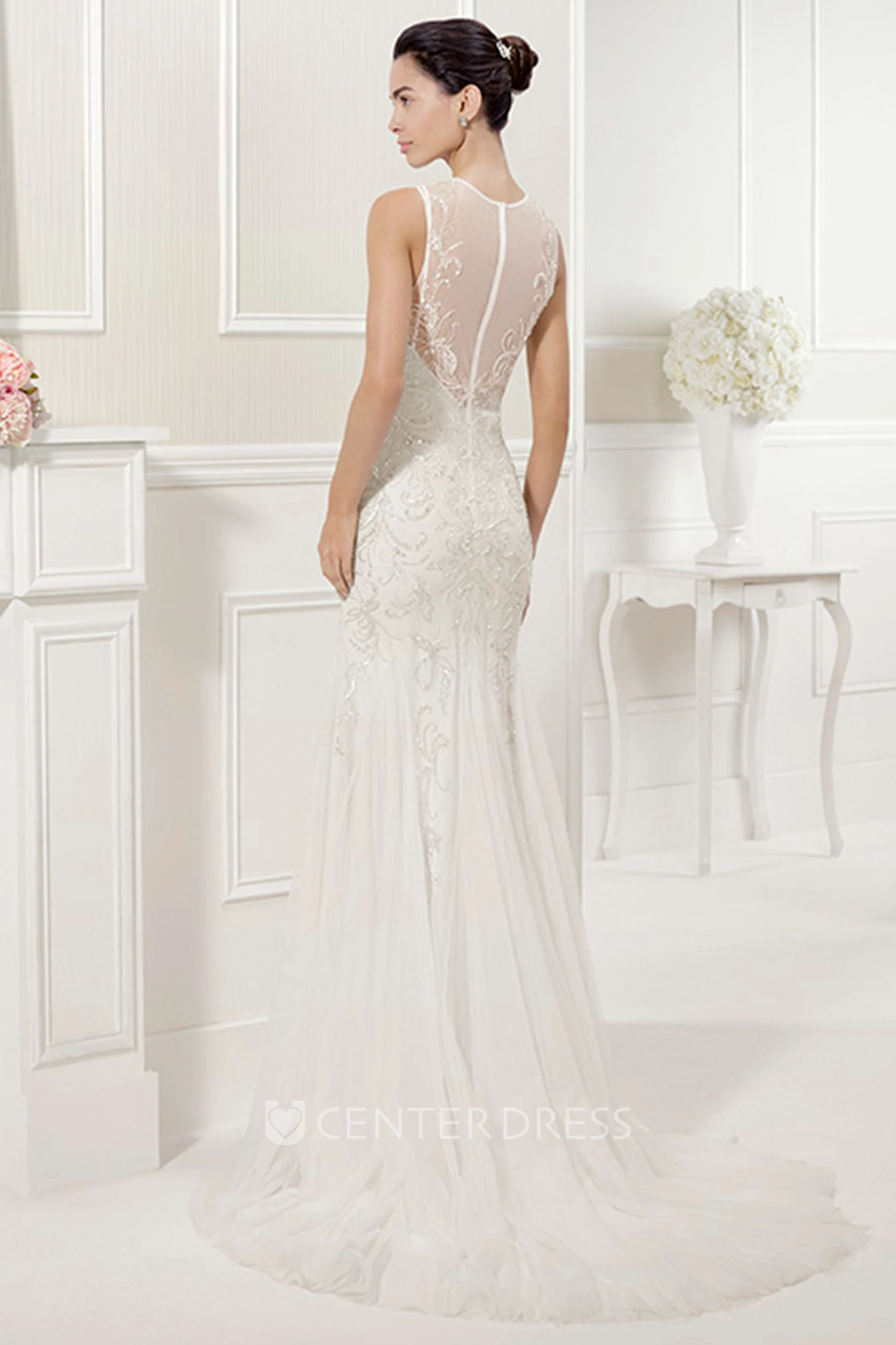 Jewel Neckline Sheath Tulle Bridal Gown With Embroidery And Crystals