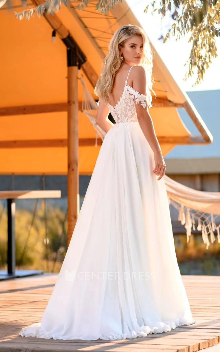 A-Line Sexy Front Split Deep V-Neck Spaghetti And Off The Shoulder Strap  Chiffon Beach Wedding Dress With Applique - UCenter Dress