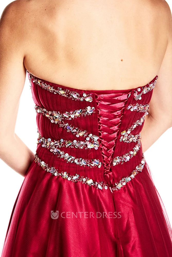 A-Line Sweetheart Long Sleeveless Ruched Satin Prom Dress With Corset Back And Beading
