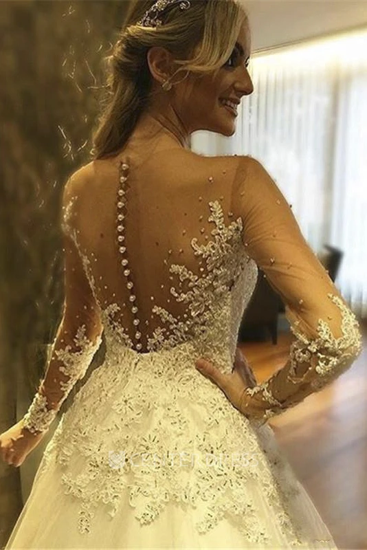Ball Gown V-neck Lace Tulle Button Zipper Wedding Gown