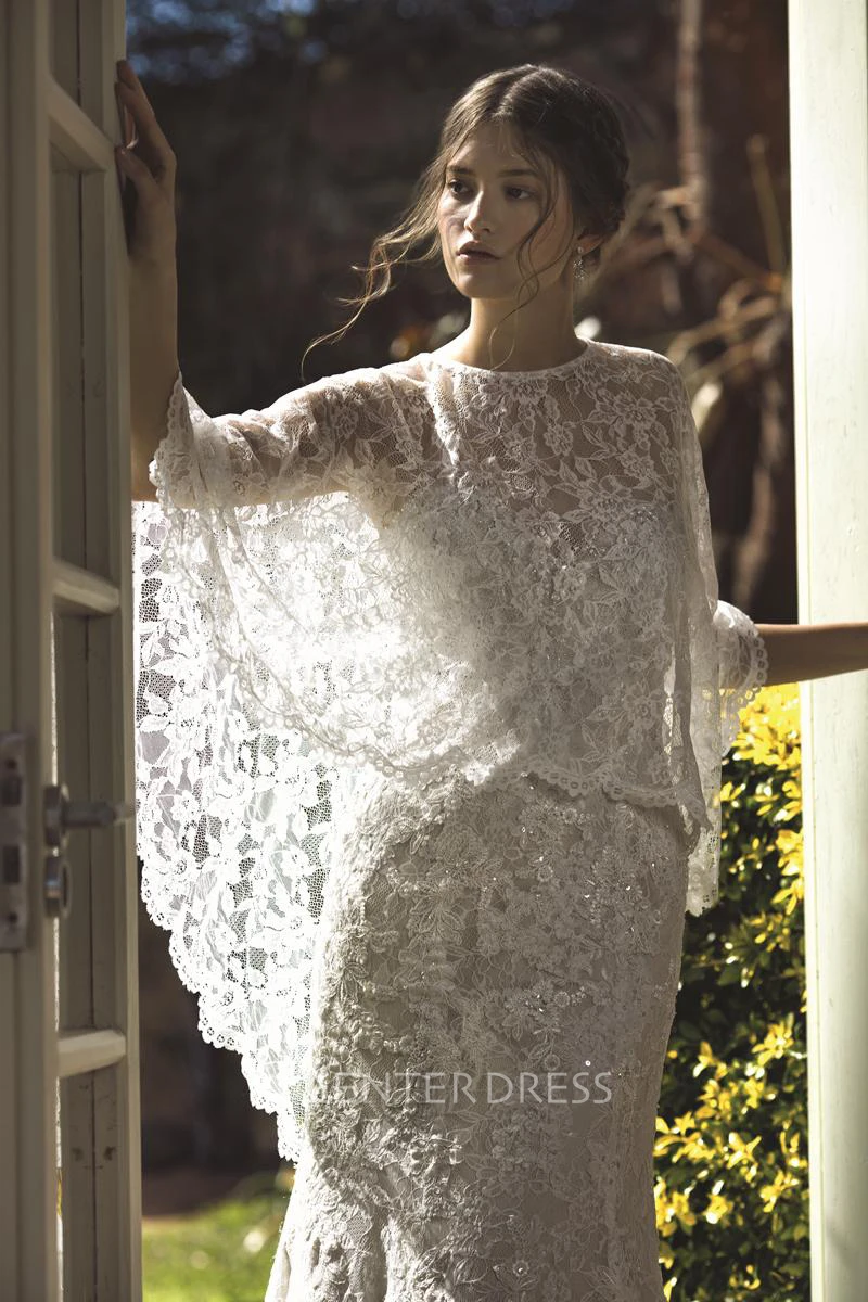 Sheath Appliqued Long Jewel Bat-Sleeve Lace Spring Wedding Dress With Brush Train And Illusion Back