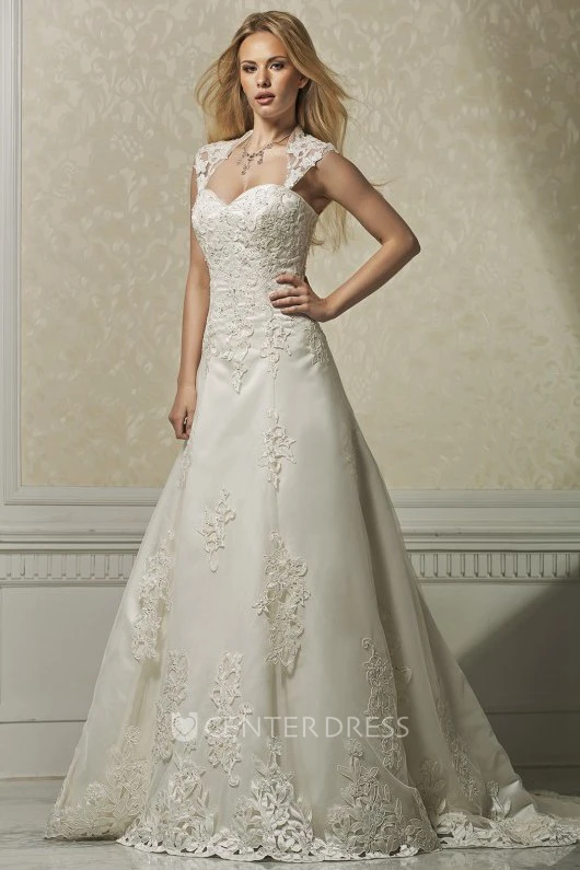 A-Line Appliqued Sweetheart Long Sleeveless Satin&Lace Wedding Dress