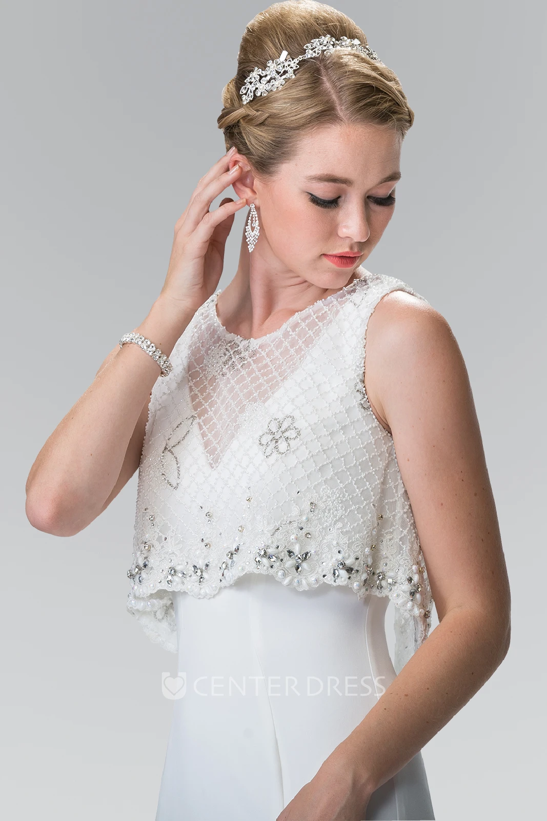 Bolero Sheath Long Scoop-Neck Sleeveless Jersey Dress With Beading