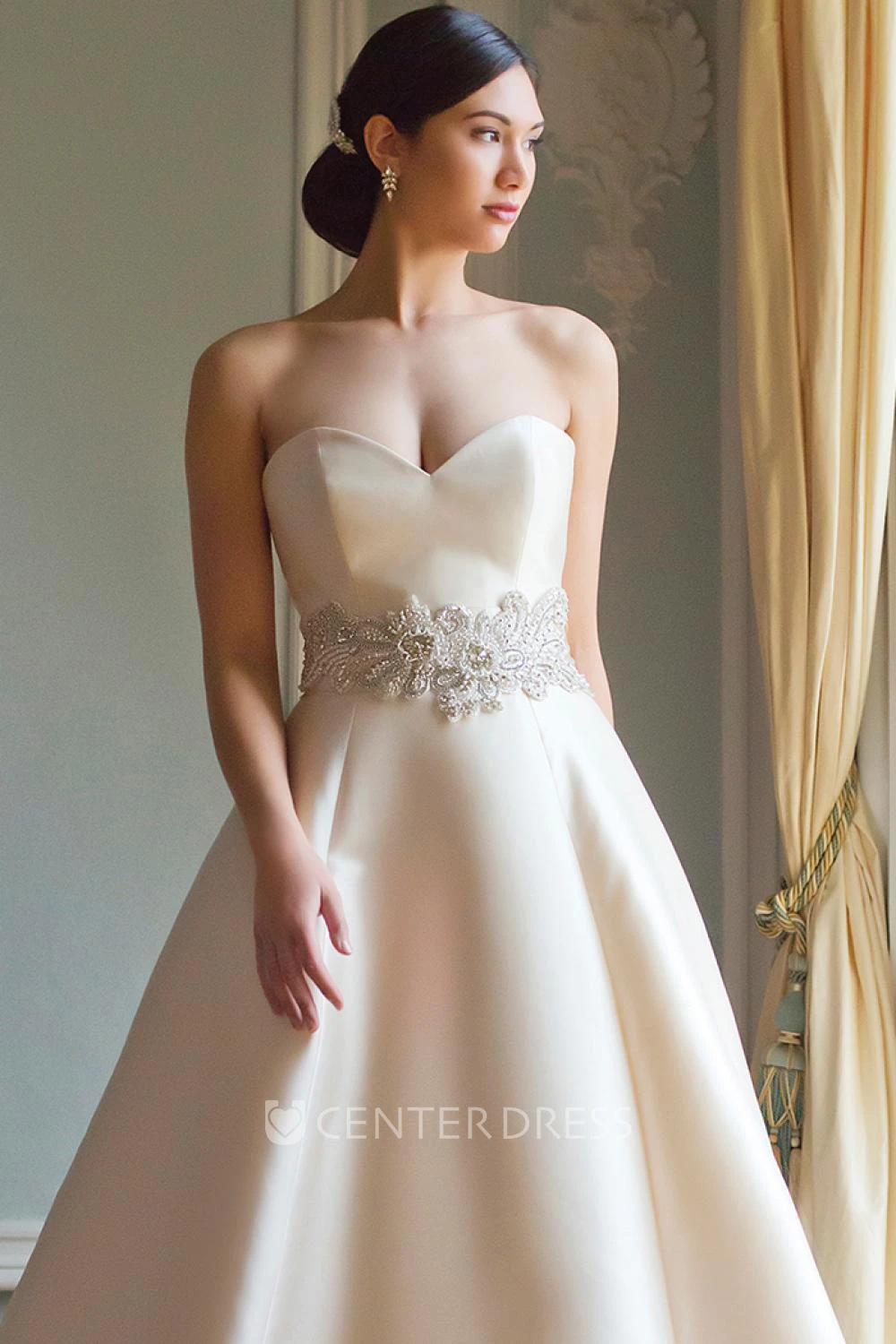 A-Line Sweetheart Floor-Length Satin Wedding Dress With Waist Jewellery