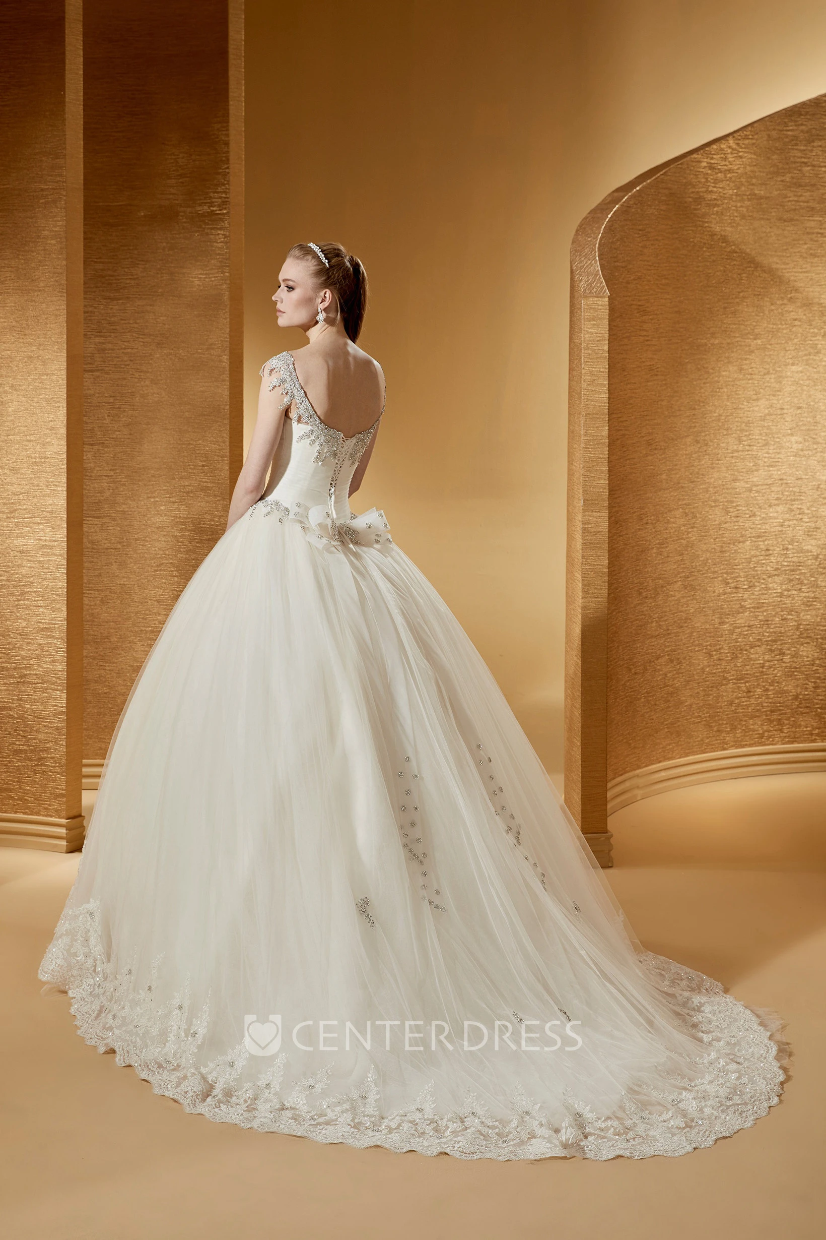 Fancy Beaded V-Neck Cap Sleeve Ball Gown With Embroideries And Open Back