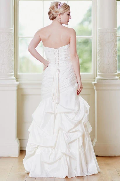 Mermaid Strapless Ruffled Taffeta Wedding Dress With Ruching And Lace Up