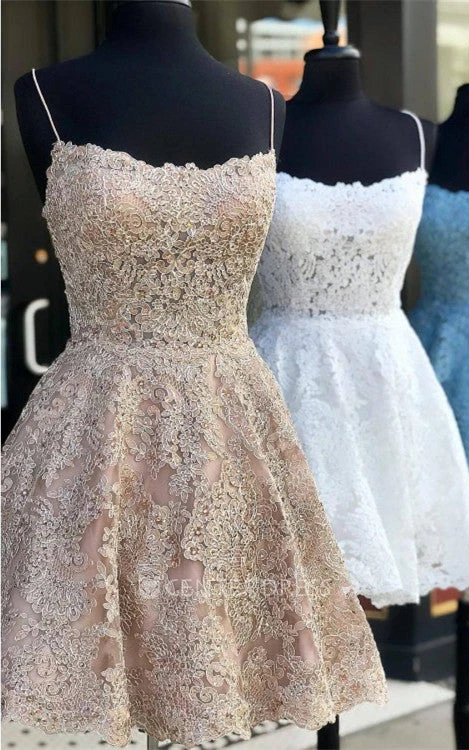 Romantic Lace Spaghetti A Line Homecoming Dress With Tied Back And Appliques