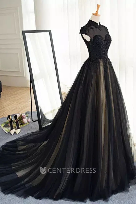 Short Sleeve A-Line High Neck Lace Tulle Floor-length Court Train Wedding Dress with Appliques and Pleats