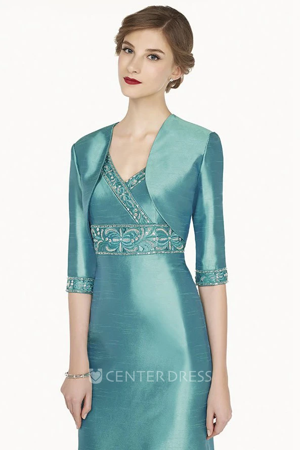 V Neck Short Sleeve Tea Length Satin Prom Dress With Crystal Empire Waist And Jacket