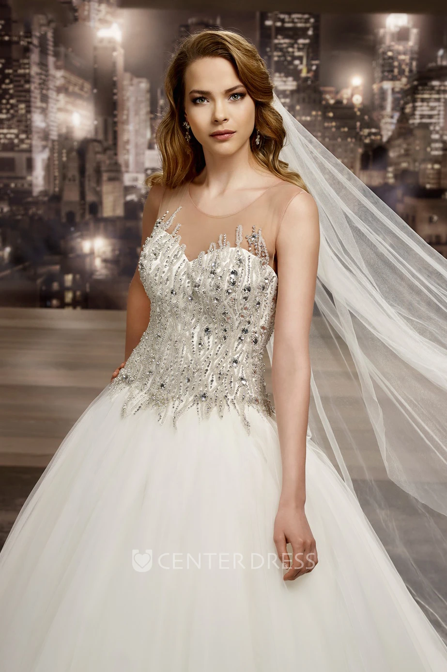 Illusion Cap sleeve Beaded A-line Wedding Dress with Jewel Neck
