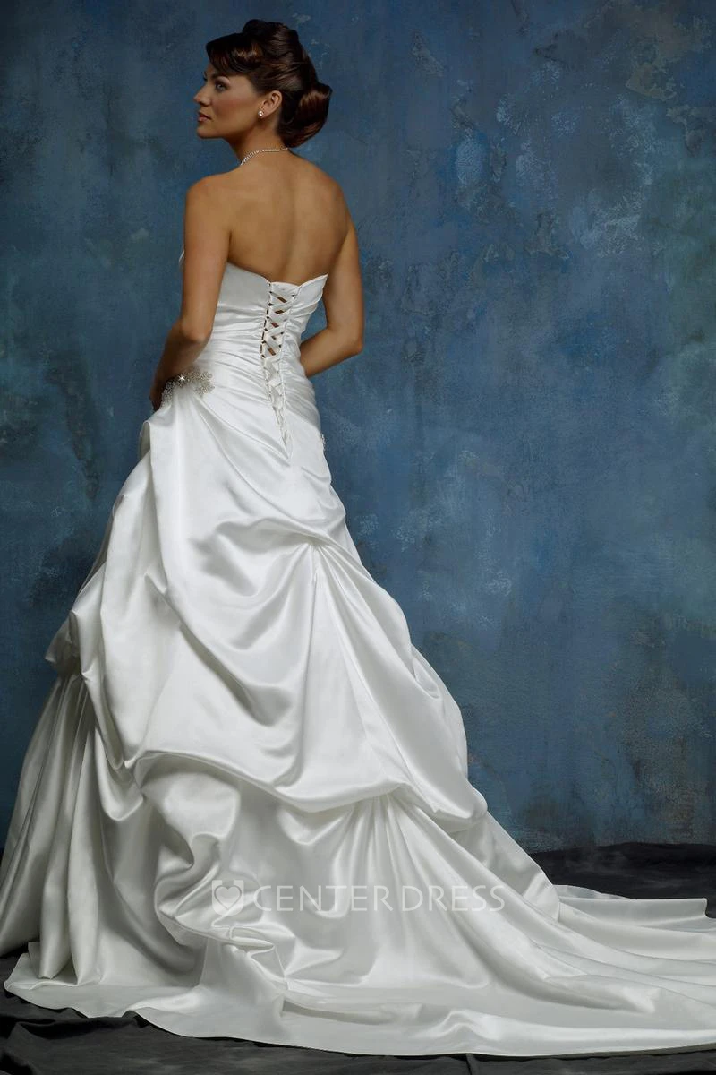 A-Line Pick-Up Sweetheart Maxi Sleeveless Satin Wedding Dress With Appliques And Cascading Ruffles