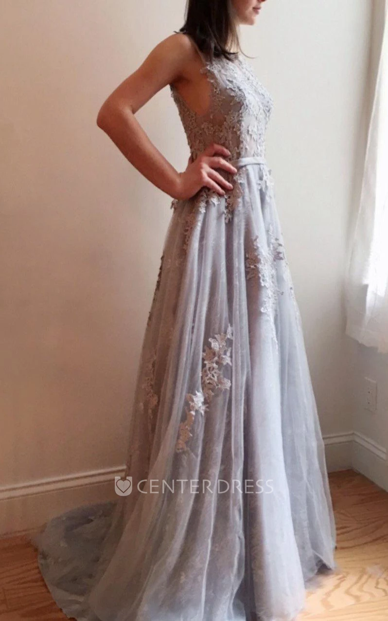 Gray Blue Lace Wedding Dress