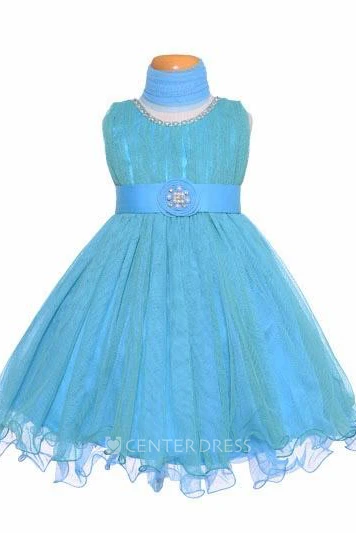 Tea-Length Jewel Pleated Tiered Tulle&Satin Flower Girl Dress