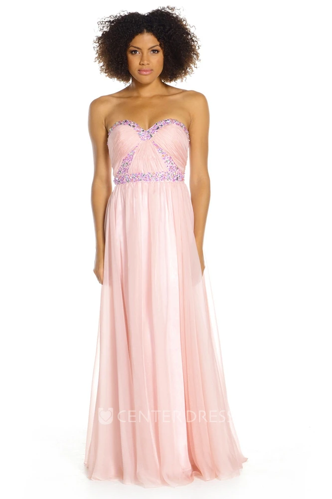A-Line Sweetheart Ruched Long Sleeveless Prom Dress With Beading And Pleats