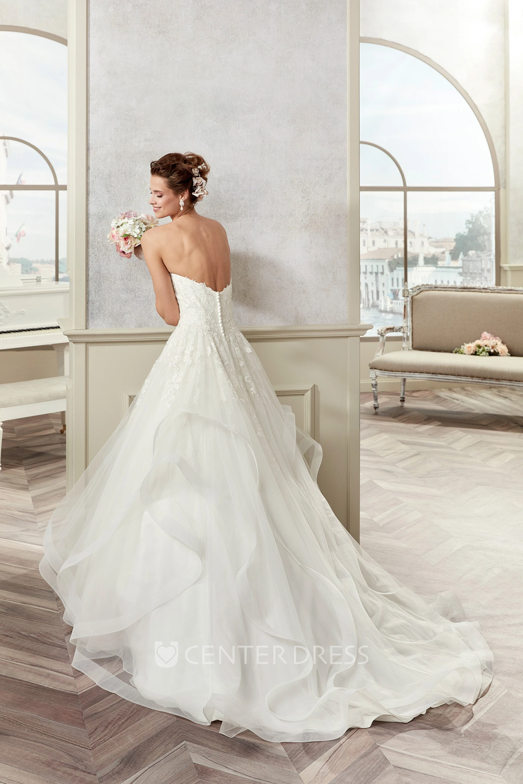 Strapless A-line Ruching Wedding Gown with Asymmetrical Ruffles and Appliques