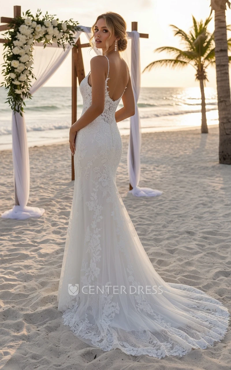 Bohemian Lace Sleeveless Wedding Dress Sexy Beach Mermaid Bridal Gown for Elopement