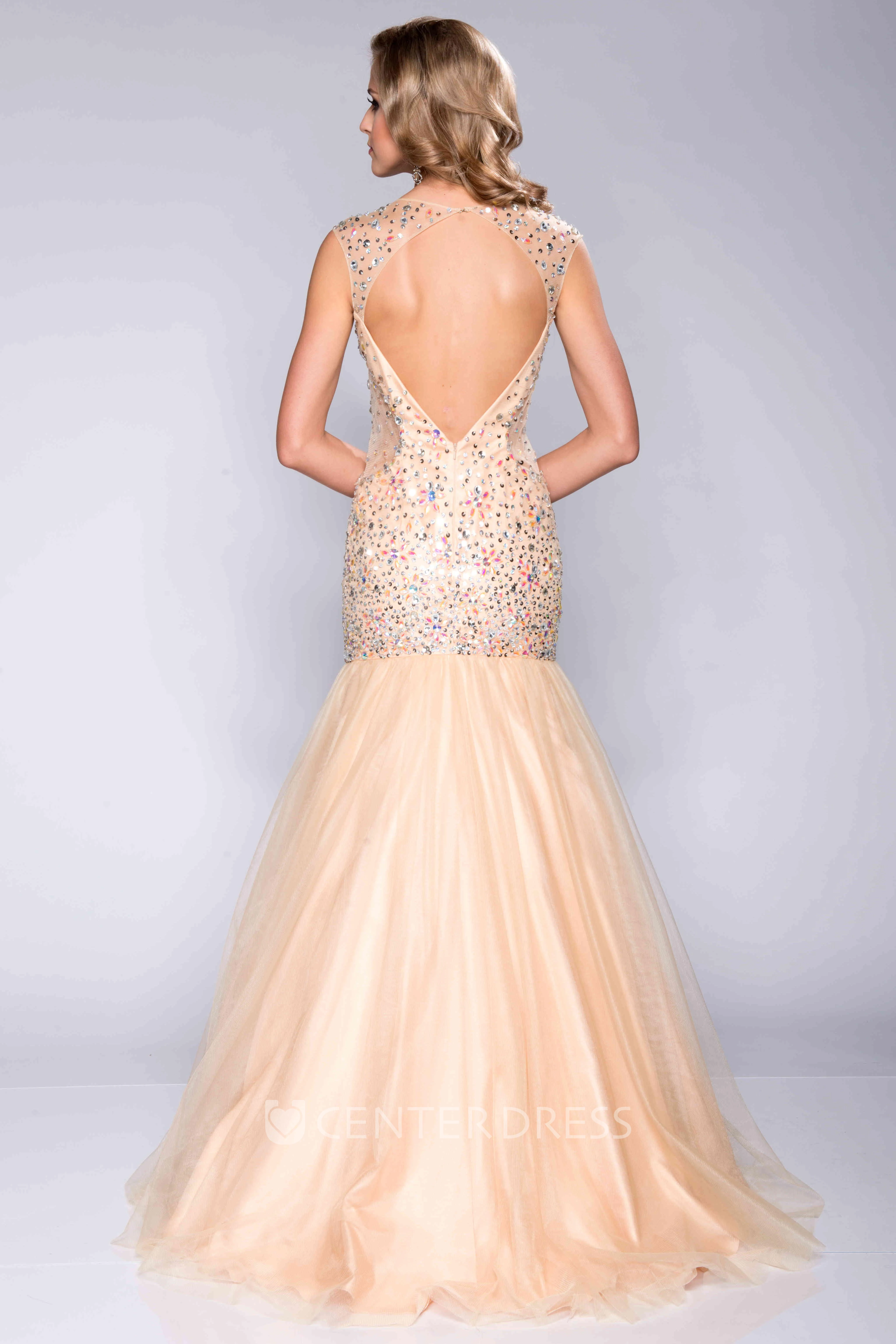 Fit And Flare V-Neck Tulle Prom Dress With Sequined Bodice