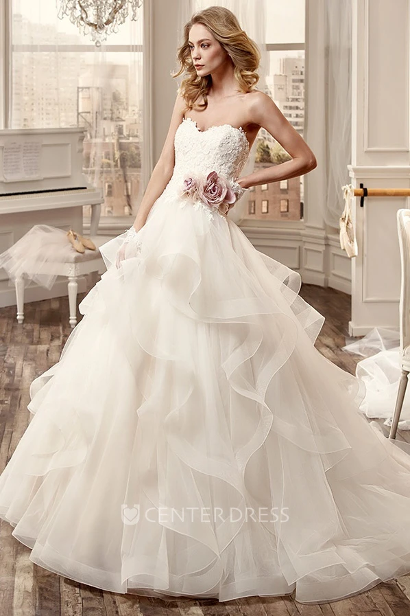 Sweetheart Wedding Dress with Cascading Ruffles and Side Floral Waist