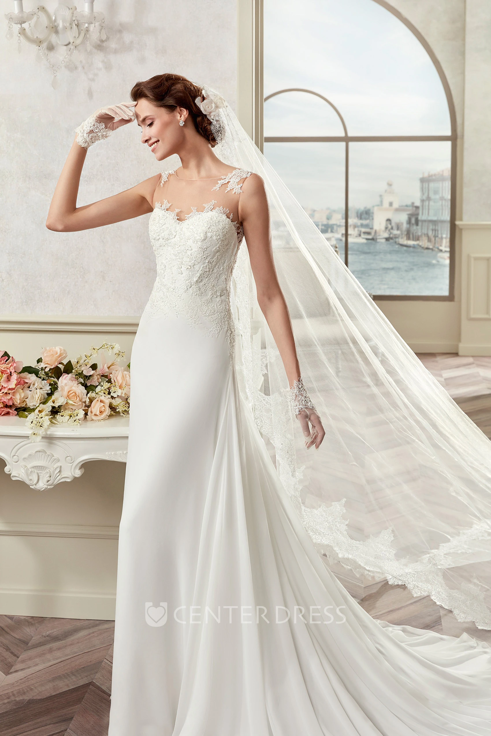 Sweetheart Sheath Satin Gown With Lace Bodice And Detachable Train