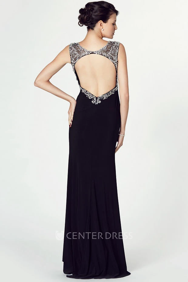 Sleeveless Beaded V-Neck Jersey Prom Dress With Split Front And Keyhole