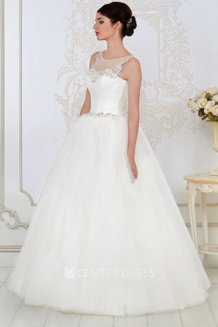 Ball Gown Floor-Length Beaded Sleeveless Scoop-Neck Tulle Wedding Dress With Criss Cross