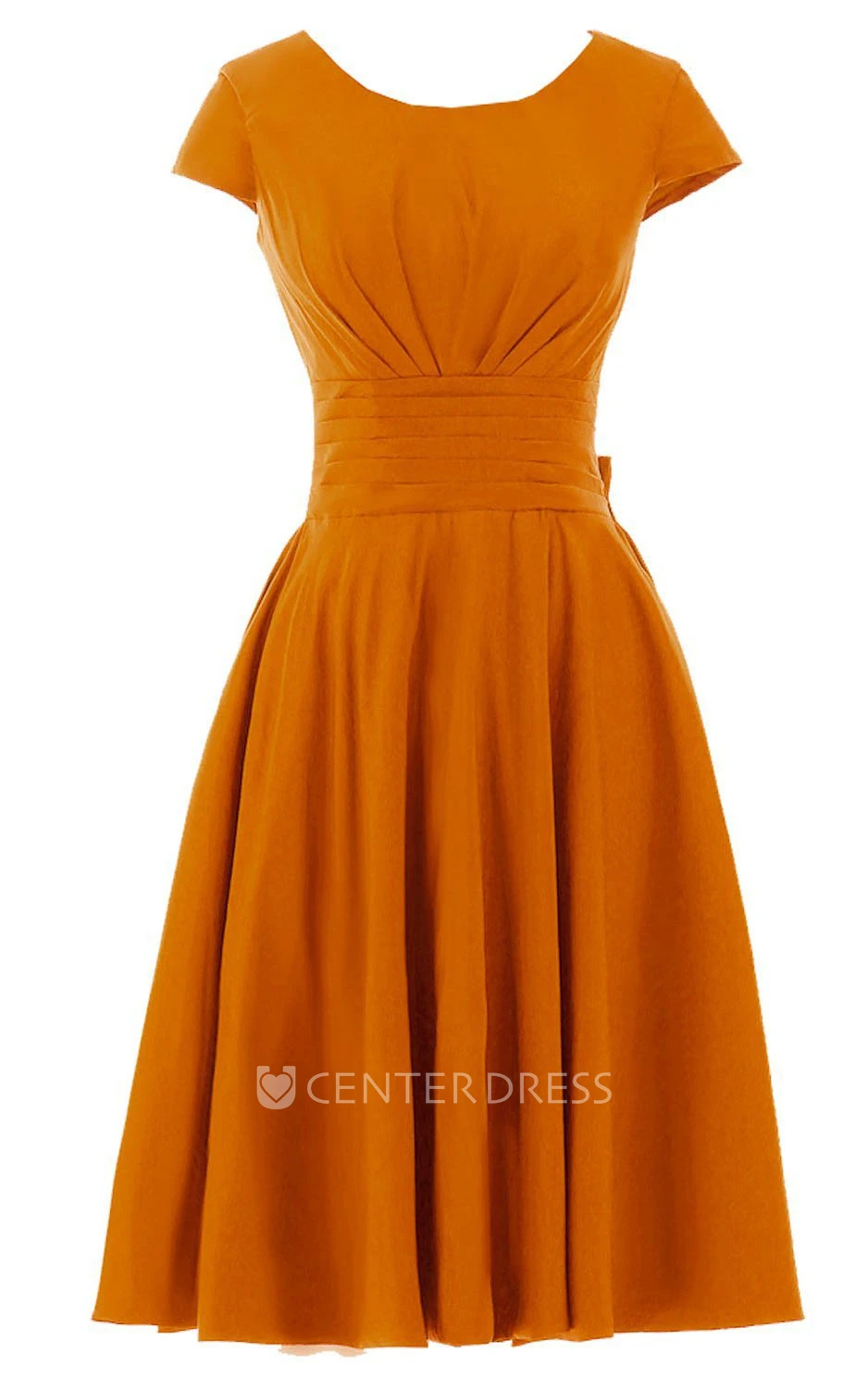 Short Sleeve Knee-length Pleated Chiffon Dress With Bowknot