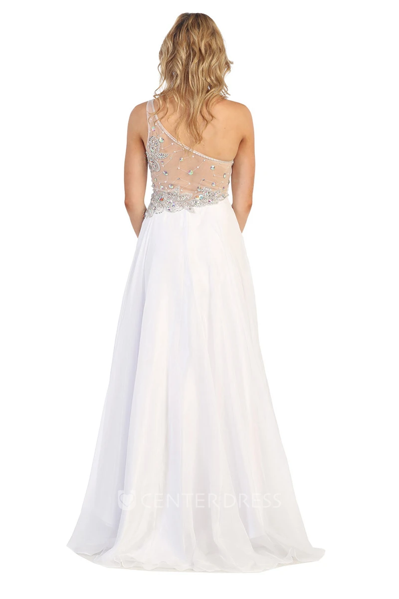 A-Line Long One-Shoulder Sleeveless Illusion Dress With Beading And Pleats