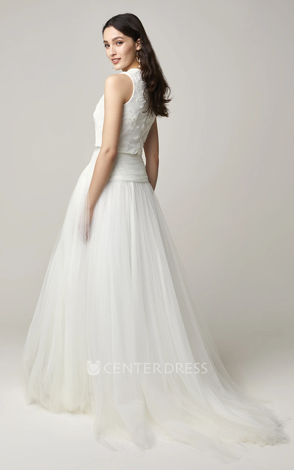 Bohemian Two Piece Bateau Neck Tulle Wedding Gown with Sash