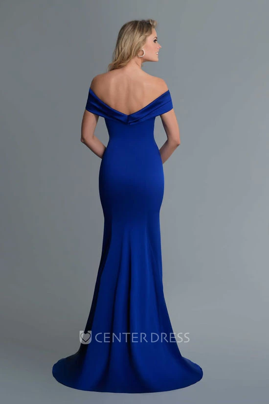 Sheath Long Off-The-Shoulder Jersey Sweep Train Low-V Back Dress