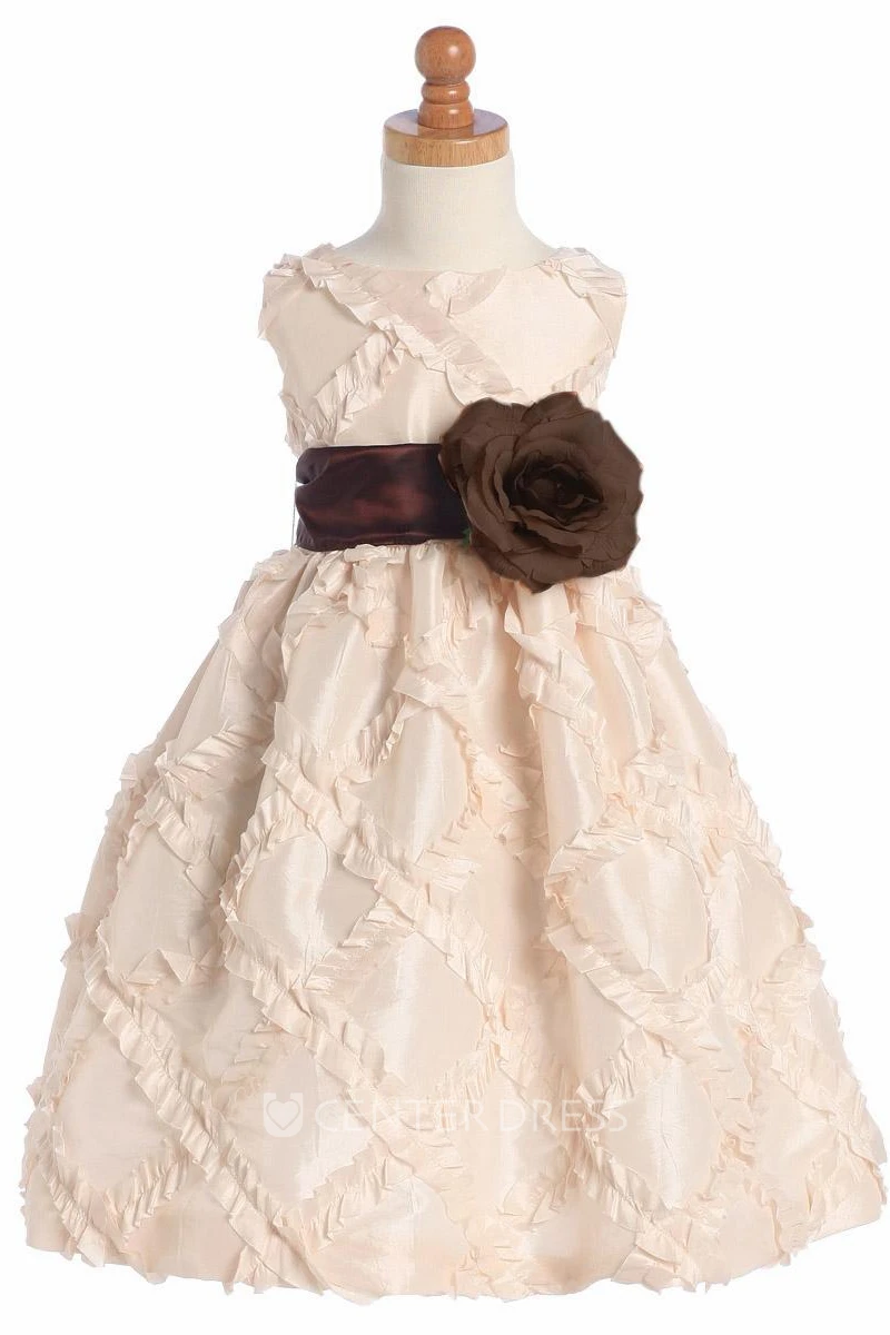 Floral Tea-Length Tiered Taffeta Flower Girl Dress With Embroidery