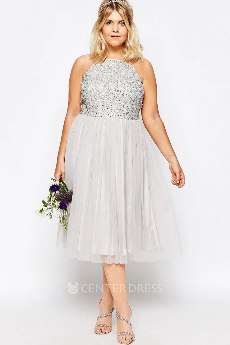 A-Line Sleeveless Scoop-Neck Sequined Tea-Length Tulle Bridesmaid Dress With Pleats