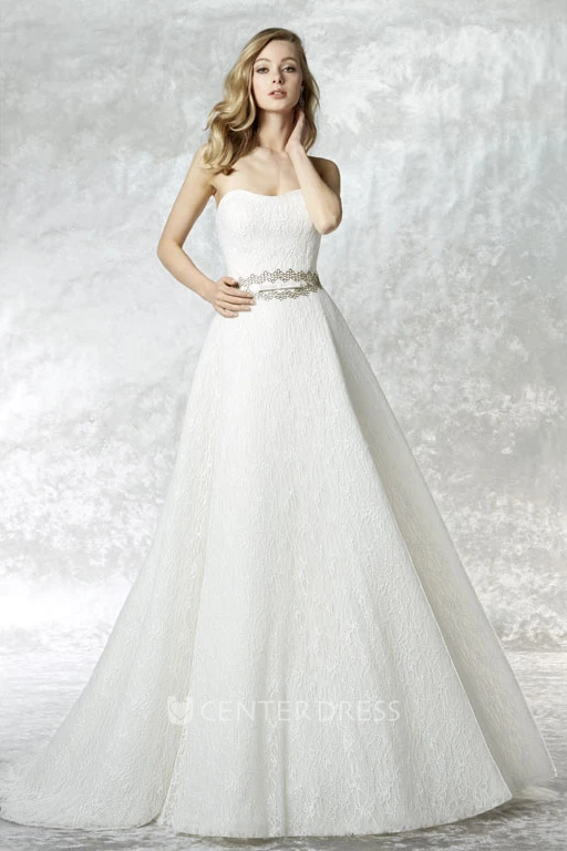 Floor-Length A-Line Jeweled Strapless Lace Wedding Dress With Brush Train