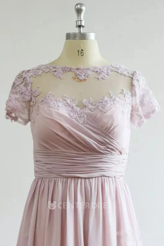 Short Sleeve A-line Jewel Floor-length Chiffon Bridesmaid Dress with Appliques and Ruching