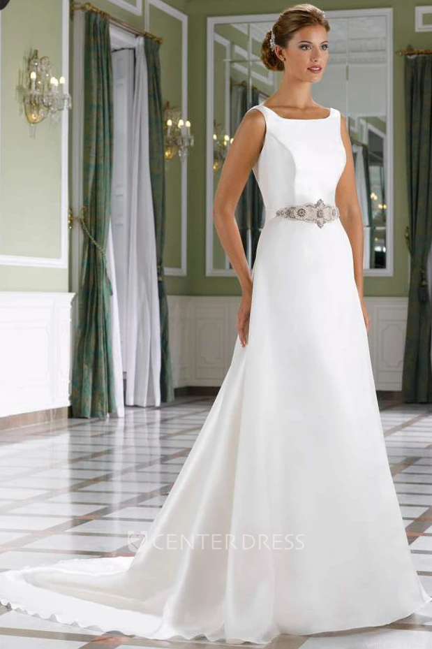 A-Line Bateau Long Jeweled Sleeveless Satin Wedding Dress With Court Train And Low-V Back
