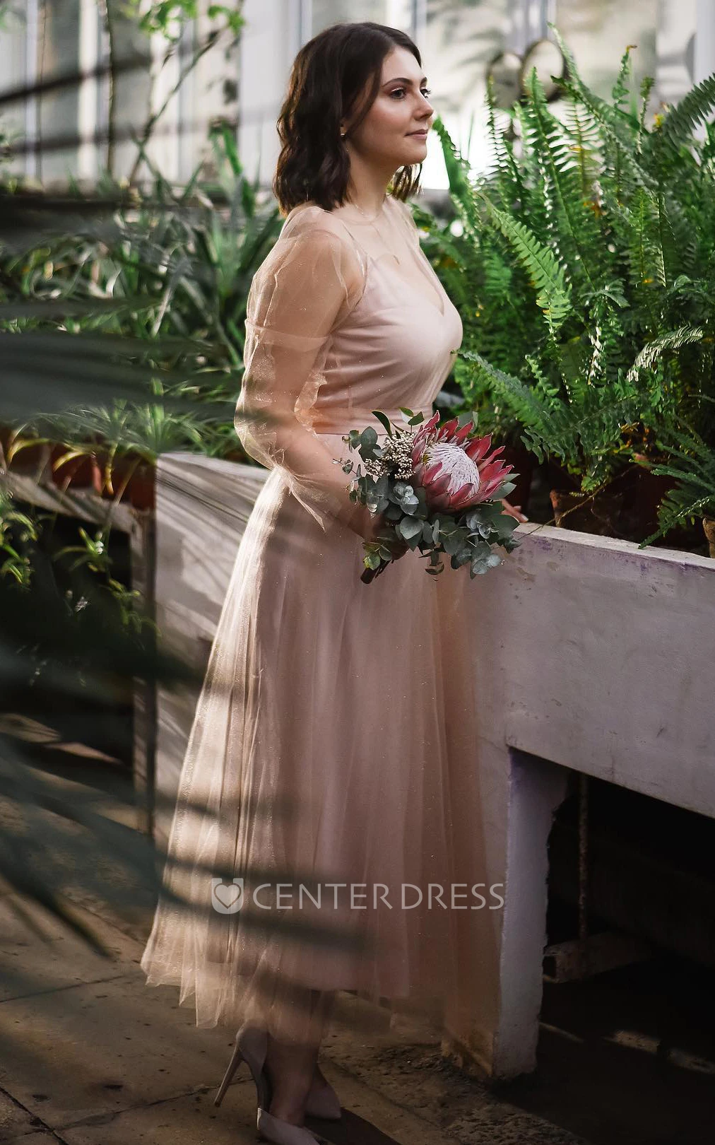 Elegant A-Line Satin Tulle Prom Dress With Long Sleeve And Spaghetti Straps