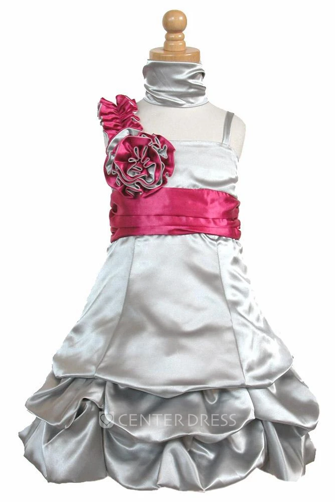 Cape Knee-Length Floral Ruched Satin Flower Girl Dress With Sash