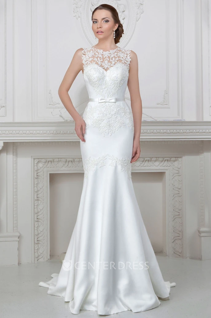 Sheath Appliqued Sleeveless Maxi Jewel-Neck Satin Wedding Dress With Bow