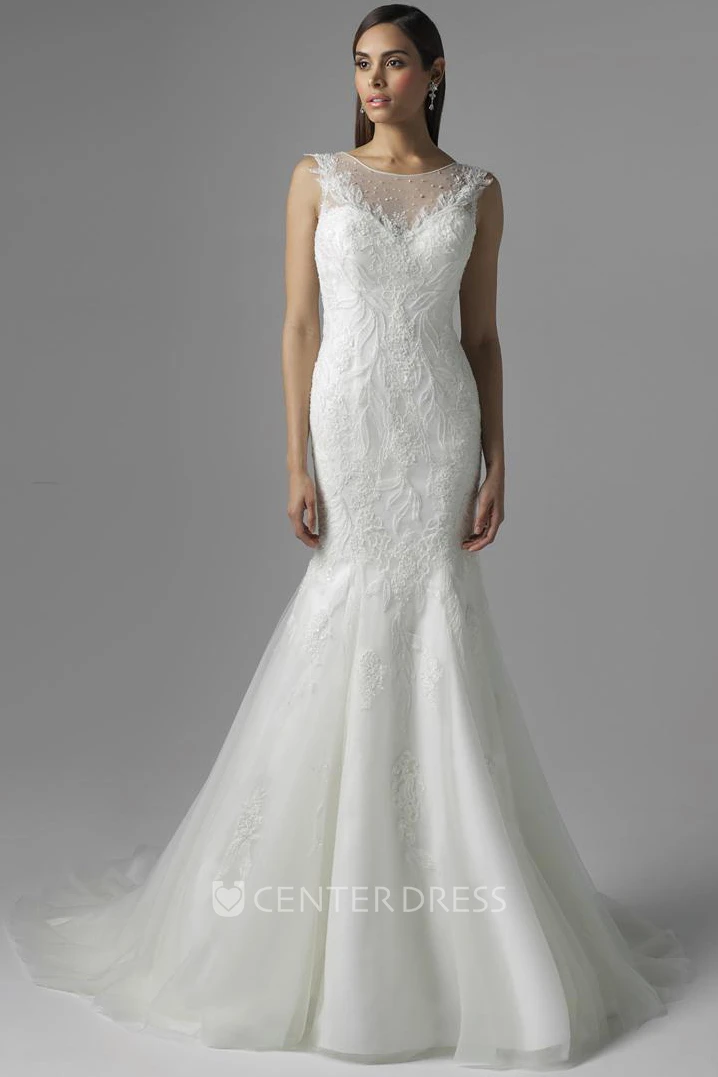 Mermaid Sleeveless Scoop-Neck Lace&Tulle Wedding Dress With Beading And Illusion