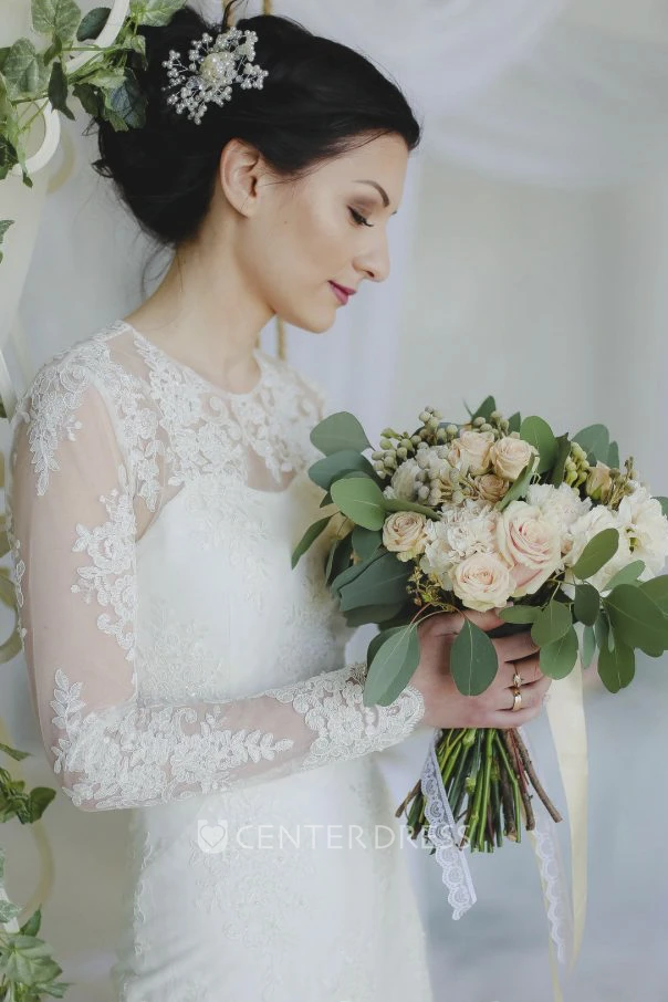 Illusion Lace Appliqued Back Split Sheath Ankle-length Spring Wedding Dress