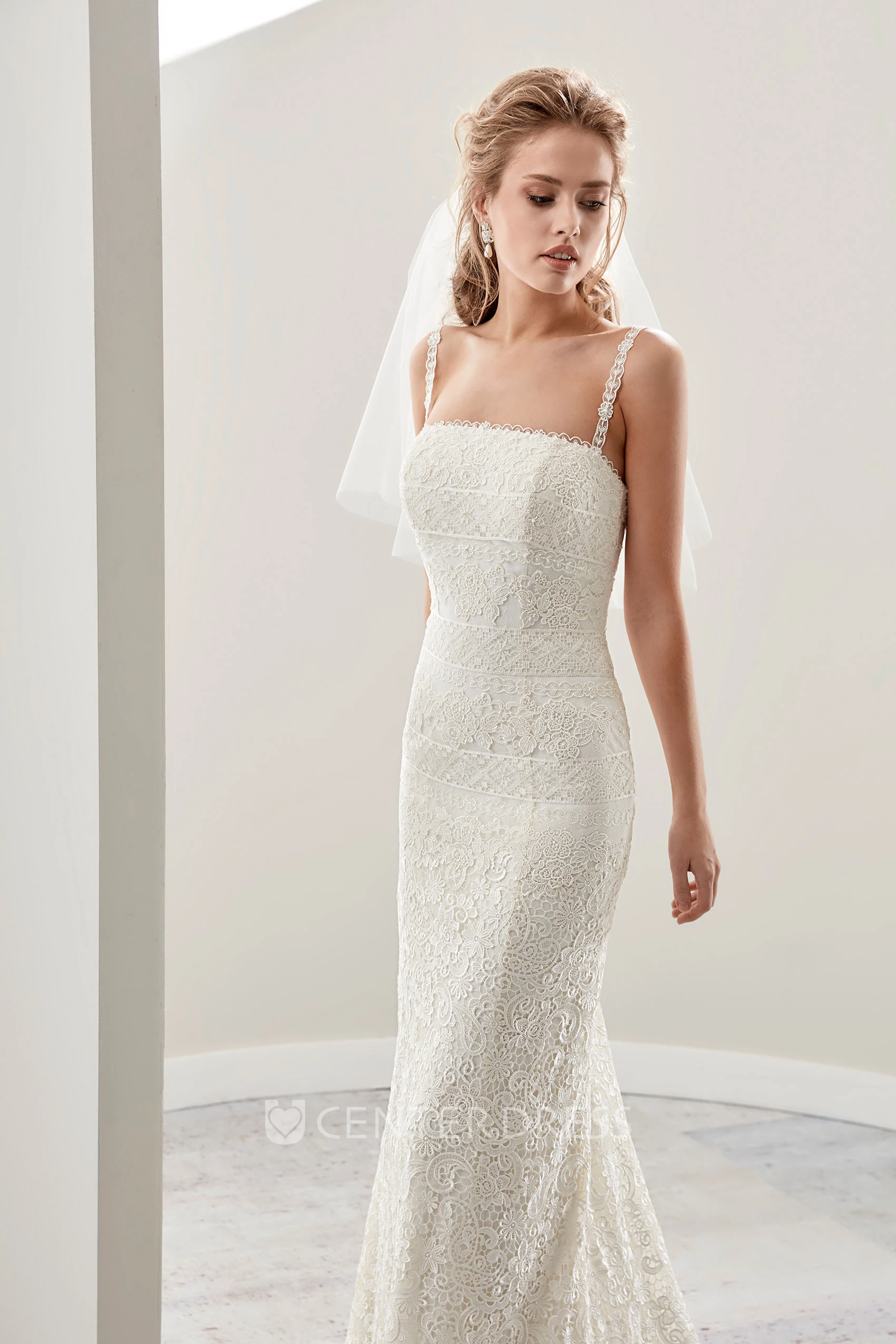 Fine Lace Sheath Bridal Gown With Spaghetti Straps And Low Back